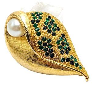 Vintage ART Arthur Pepper Womens Brooch PIn Blue Green Rhinestone Gold Tone